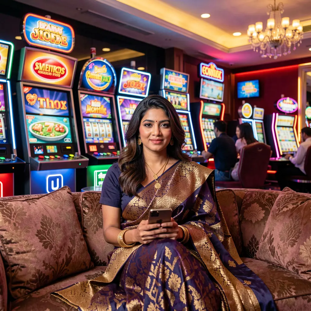 Confident Bangladeshi woman relaxing on a sofa while using the GV888 casino app with colorful neon slot and gaming symbols behind her
