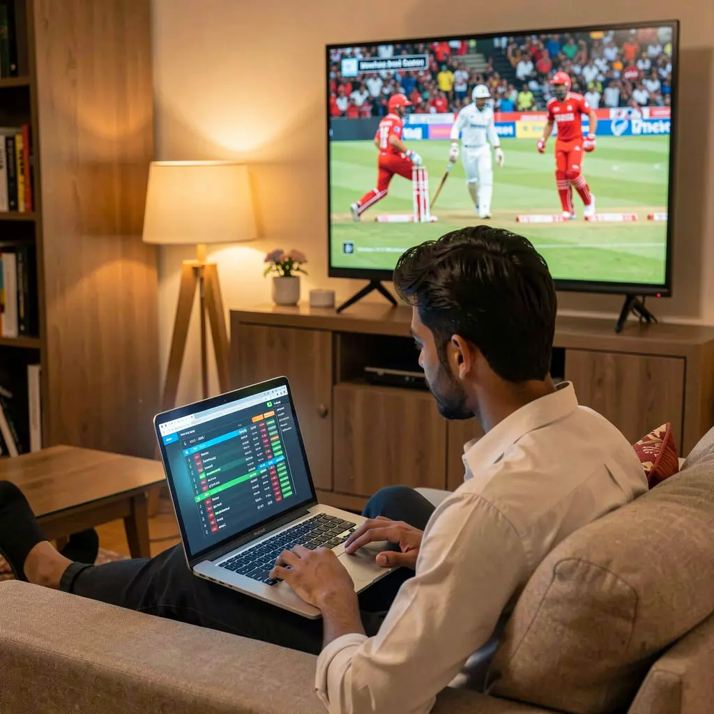Focused Bangladeshi sports bettor using a laptop at home with live cricket action on TV while placing bets through the GV888 website