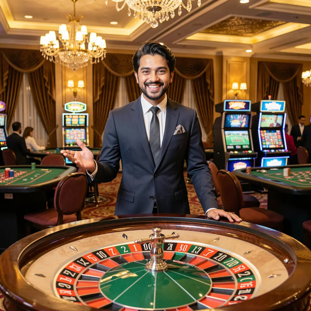Stylish live casino dealer standing at a roulette table in a luxury studio, creating an authentic GV888 live casino atmosphere for players in Bangladesh