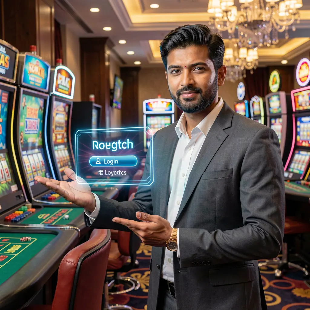 Confident Bangladeshi casino dealer pointing toward a glowing holographic login button in a vibrant GV888 casino environment